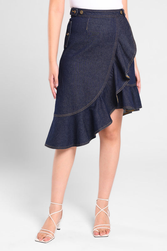 Butterfly Ruffle Denim Skirt in Blue Dark