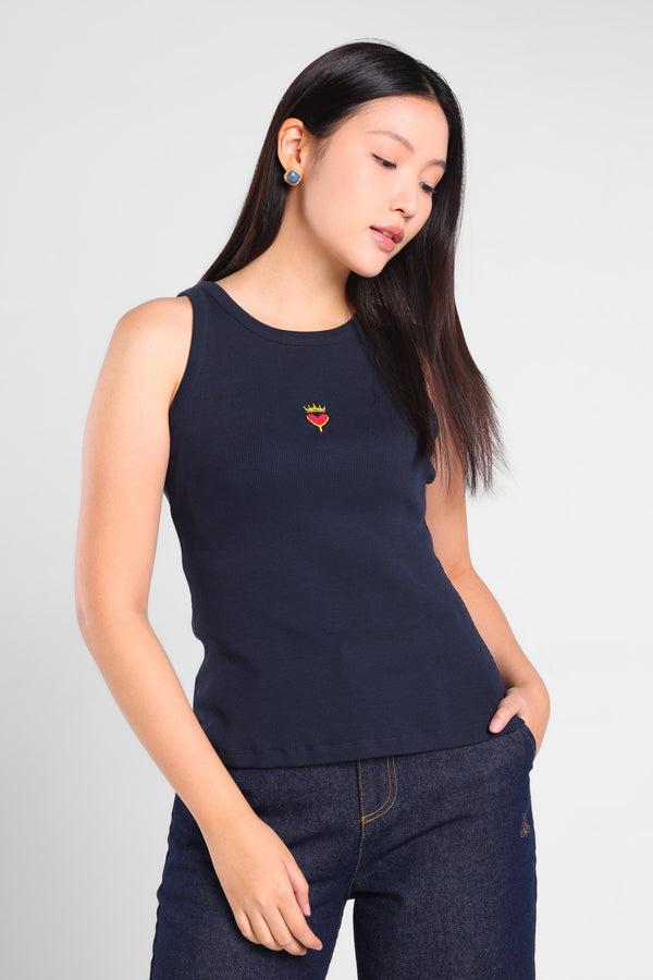 Iconiq Round Neck Rib Top in Navy