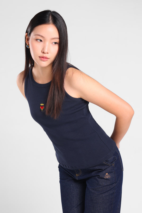 Iconiq Round Neck Rib Top in Navy