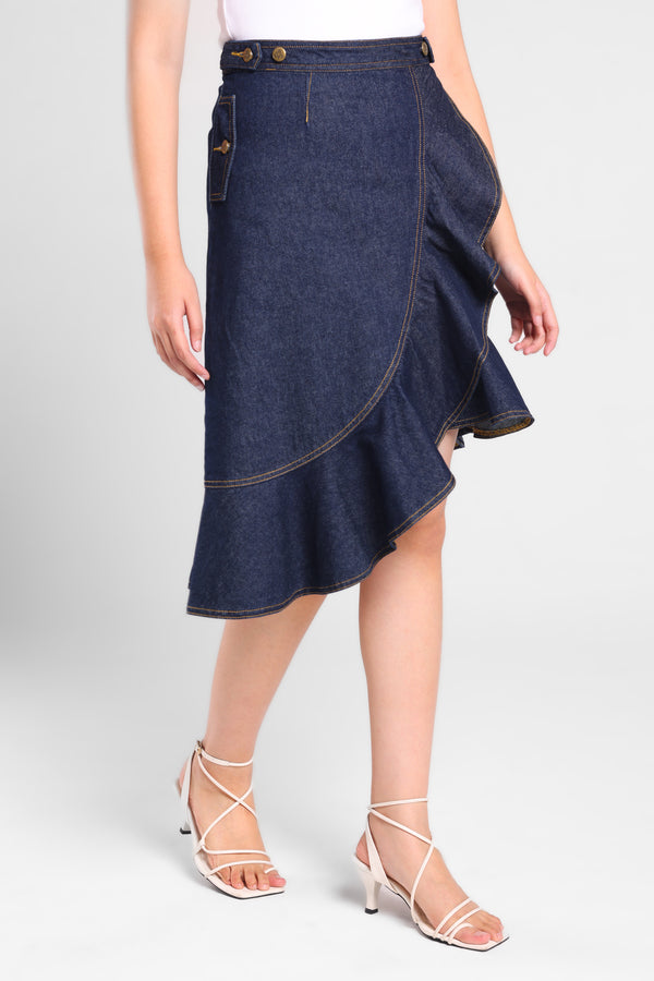 Butterfly Ruffle Denim Skirt in Blue Dark