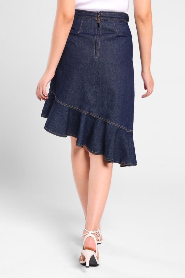 Butterfly Ruffle Denim Skirt in Blue Dark