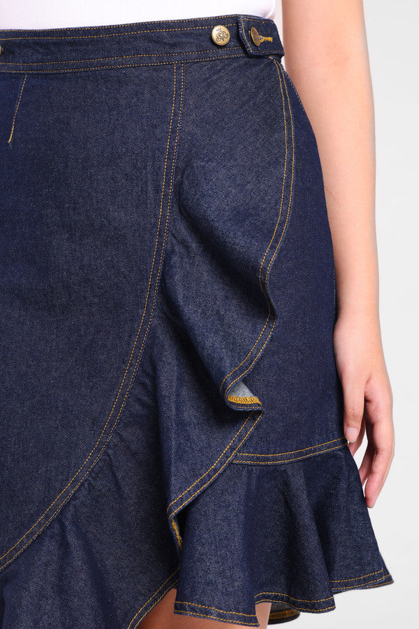 Butterfly Ruffle Denim Skirt in Blue Dark