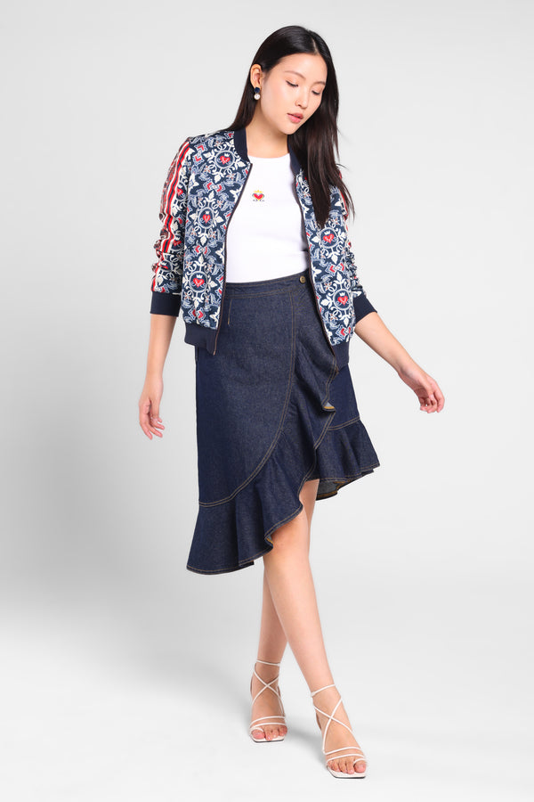 Butterfly Ruffle Denim Skirt in Blue Dark