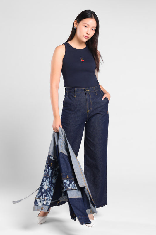 Iconiq Round Neck Rib Top in Navy