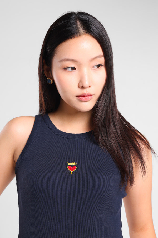 Iconiq Round Neck Rib Top in Navy